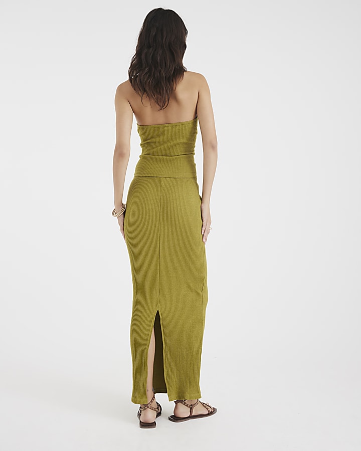 Green Ribbed Midi Skirt