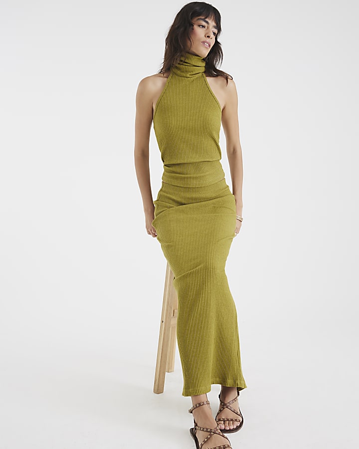 Green Ribbed Midi Skirt