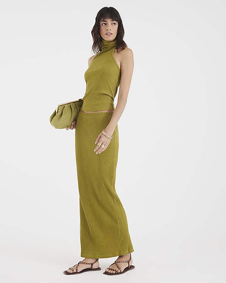 Green Ribbed Midi Skirt