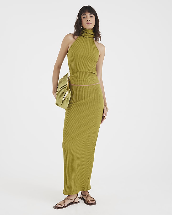 Green Sleeveless Ribbed Roll Neck Halter Top