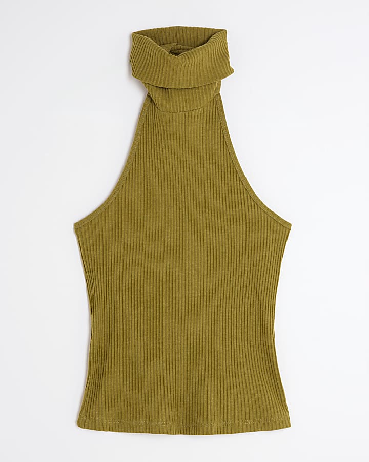 Green Sleeveless Ribbed Roll Neck Halter Top