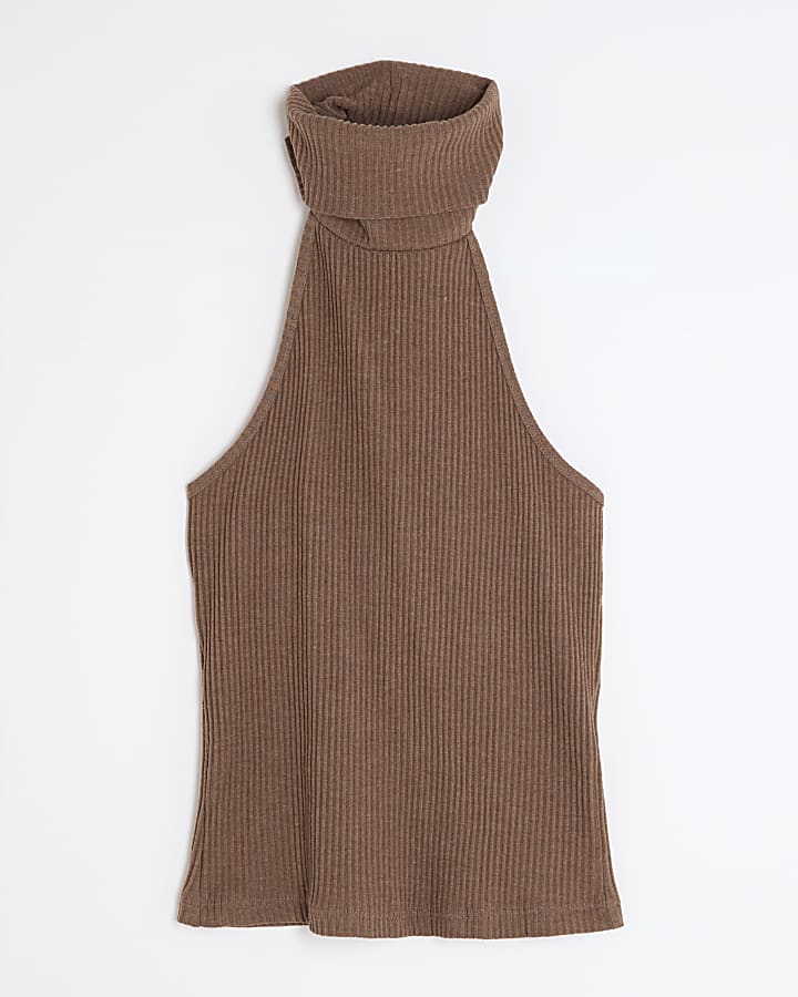 Brown Sleeveless Ribbed Roll Neck Halter Top