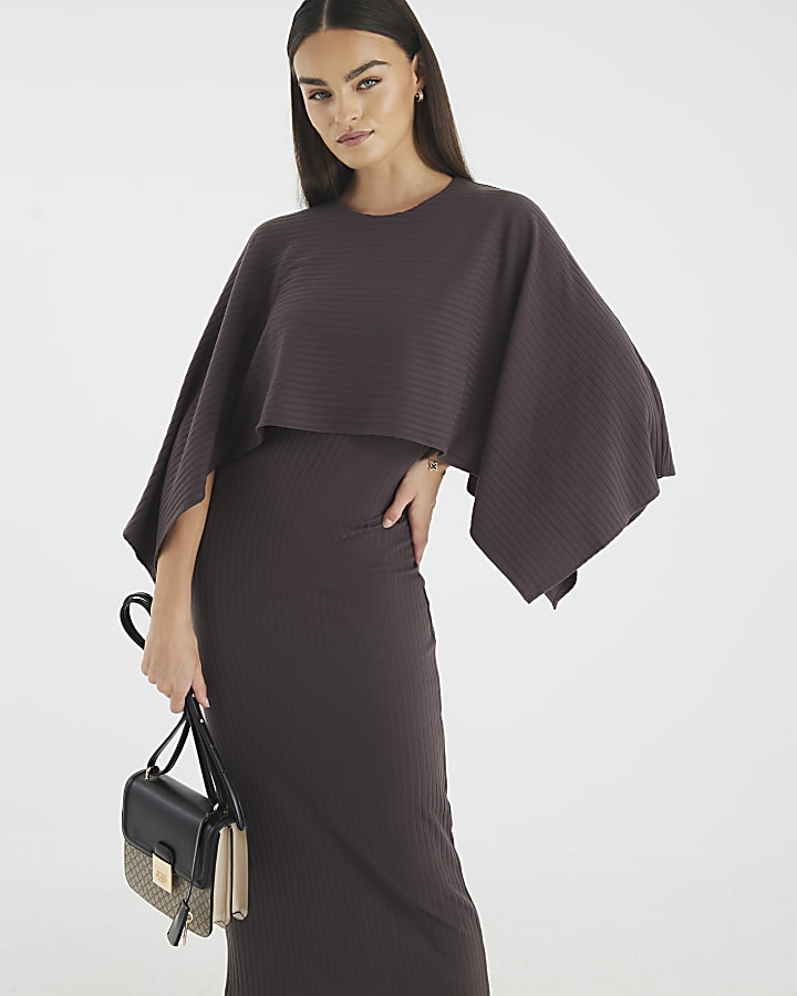 Brown Cape Midi Dress
