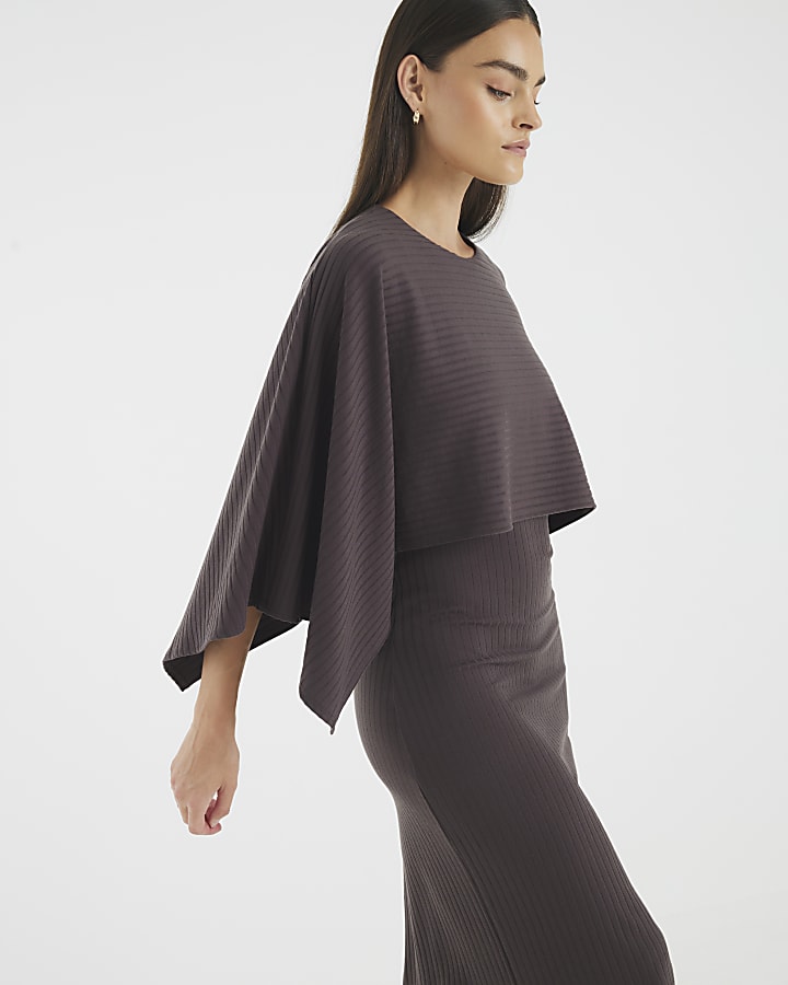 Brown Cape Midi Dress