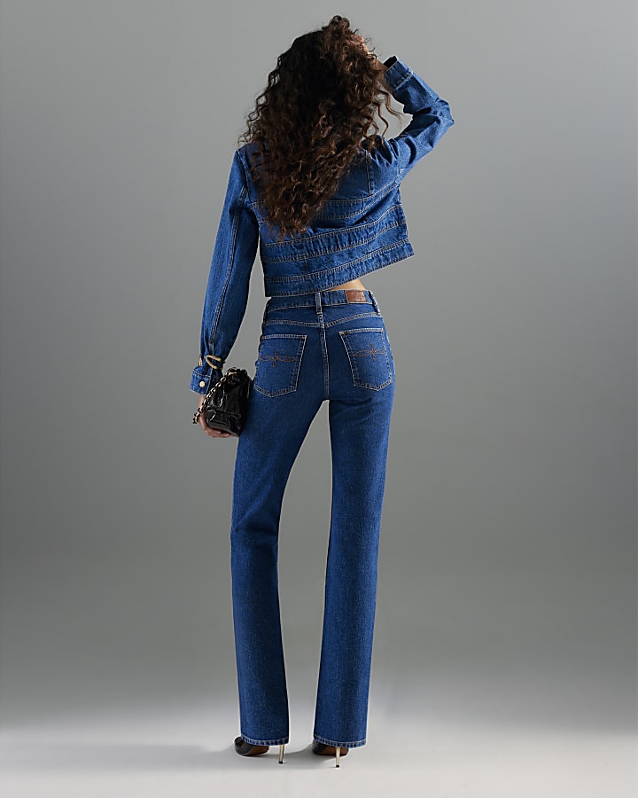 Blue High Rise Stretch Straight Leg Jeans