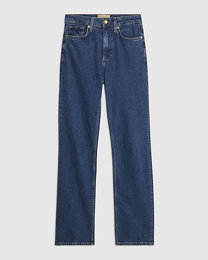 Blue High Rise Stretch Straight Leg Jeans