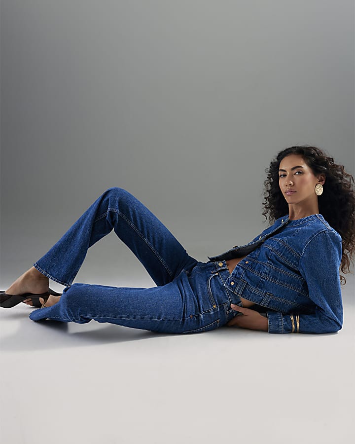 Blue High Rise Stretch Straight Leg Jeans