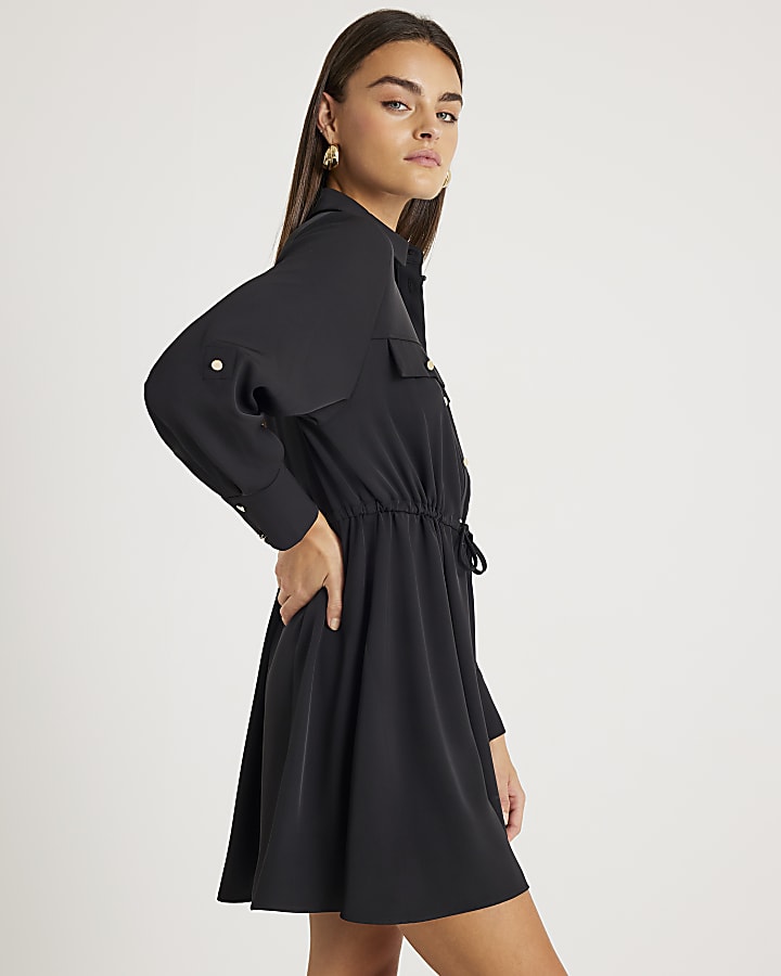 Black Long Sleeved Mini Shirt Dress