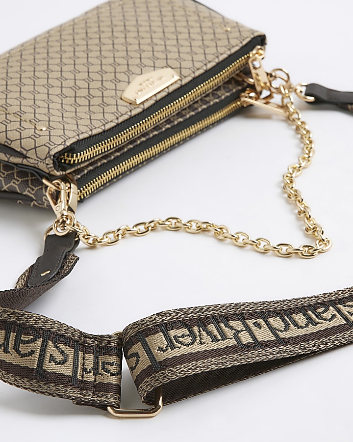 Brown Monogram Print Chain Cross Body Bag