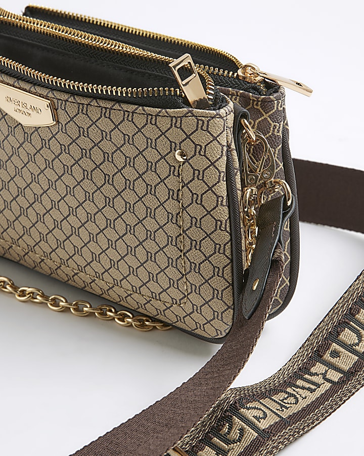 Brown Monogram Print Chain Cross Body Bag