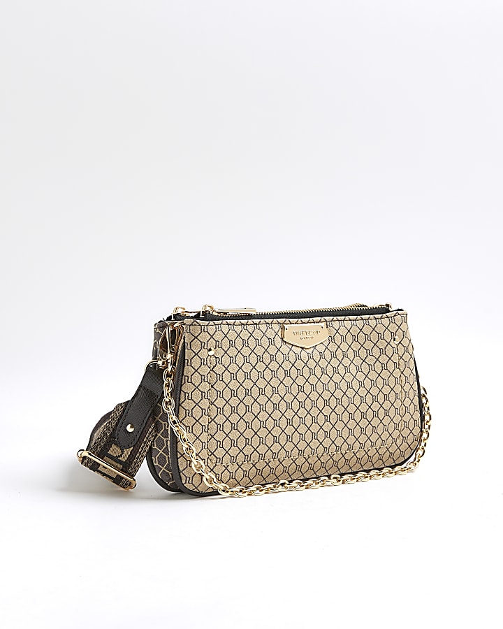 Brown Monogram Print Chain Cross Body Bag