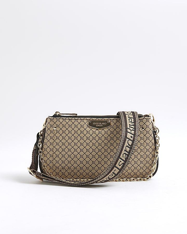 Brown Monogram Print Chain Cross Body Bag