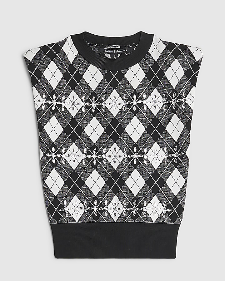 Black Check Shoulder Pad Embellished Top