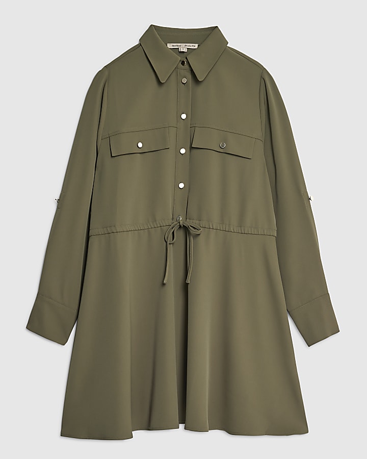 Khaki Long Sleeve Mini Shirt Dress
