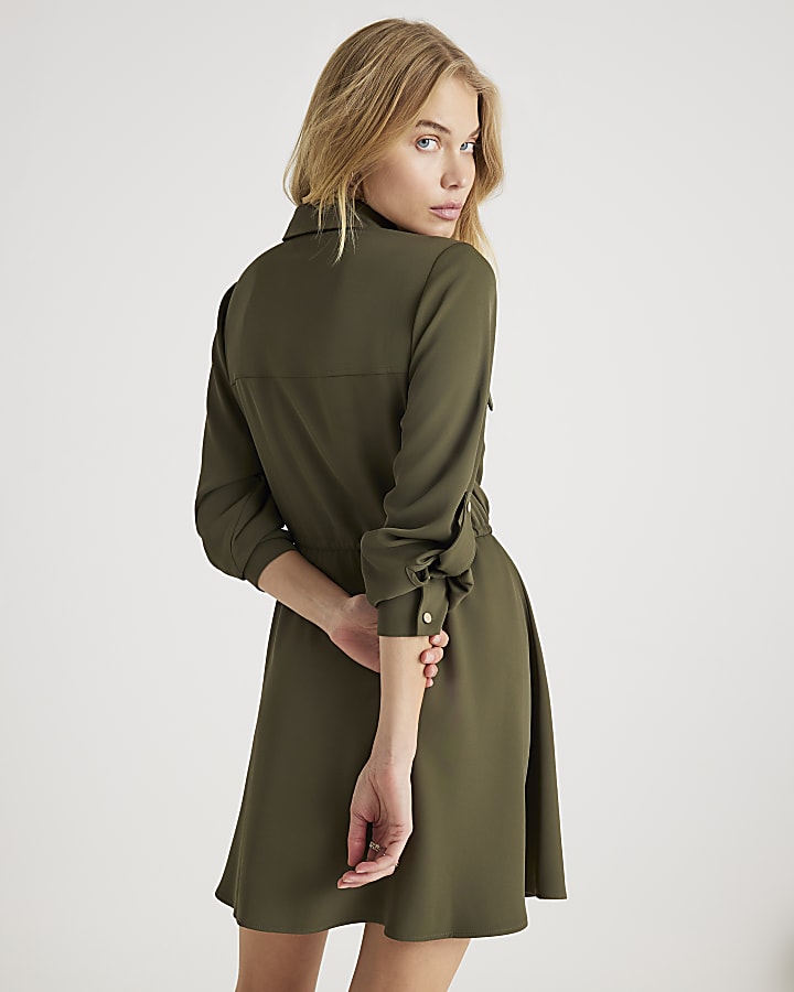 Khaki Long Sleeve Mini Shirt Dress
