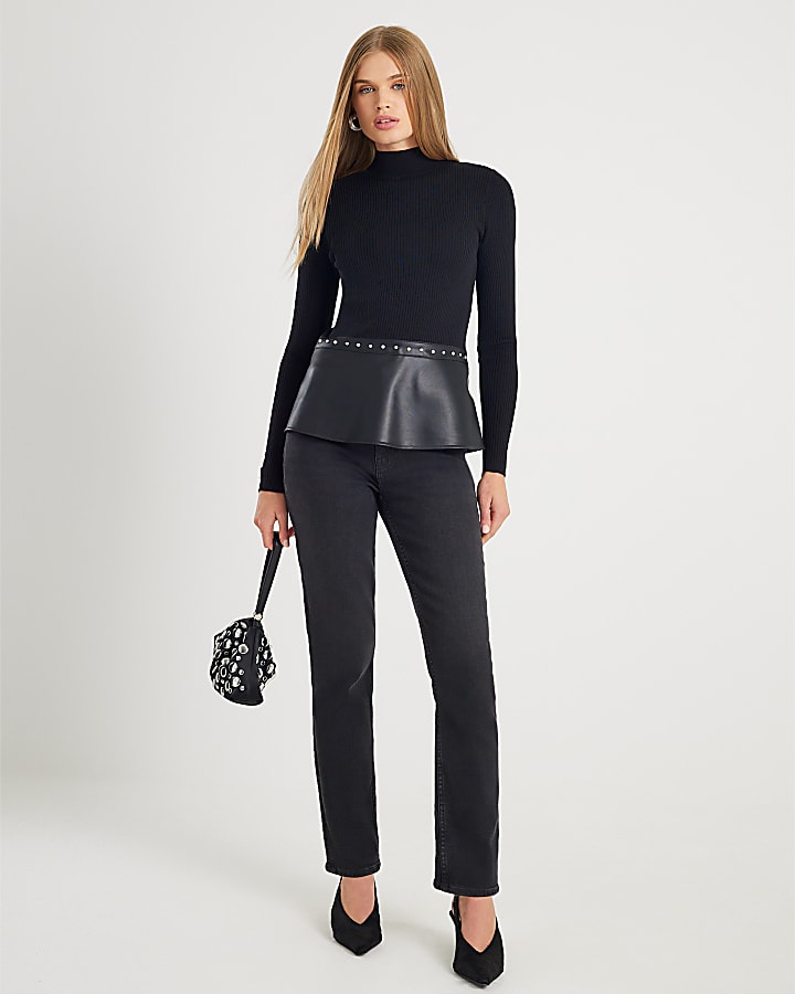 Black Knitted Studded Peplum Hem Top
