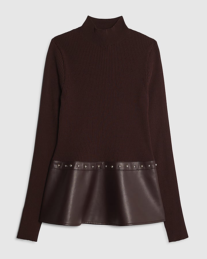 Red Knitted Studded Peplum Hem Top