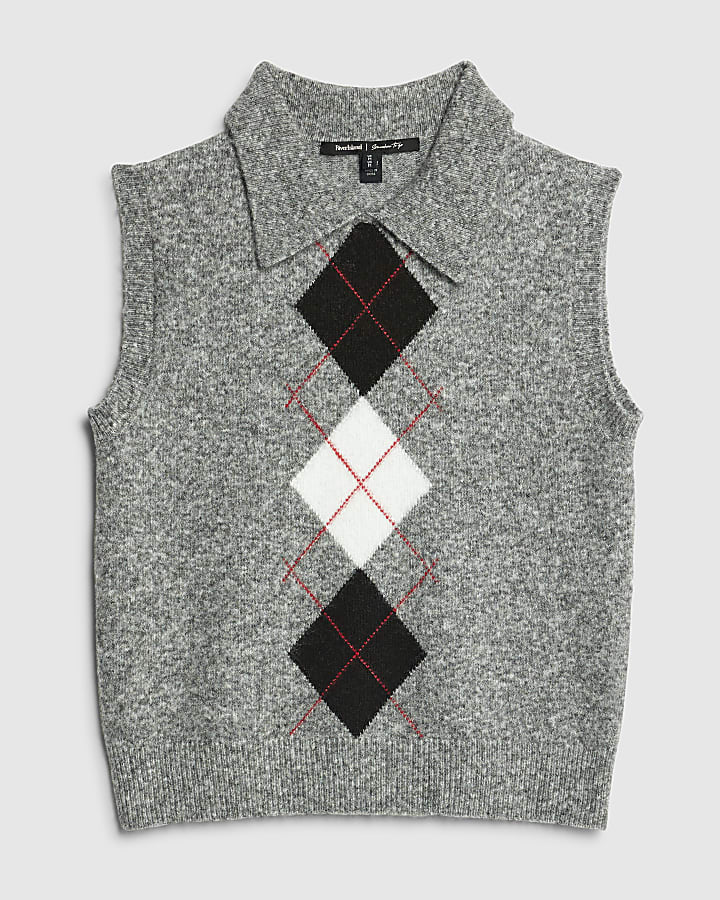 Grey Argyle Knit Tank Top
