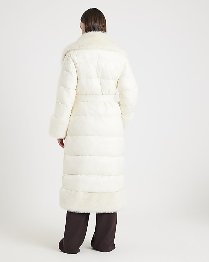 Cream Faux Fur Collar Padded Coat