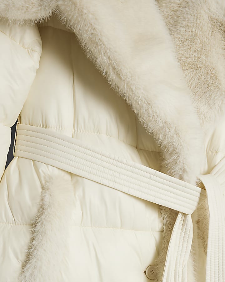 Cream Faux Fur Collar Padded Coat