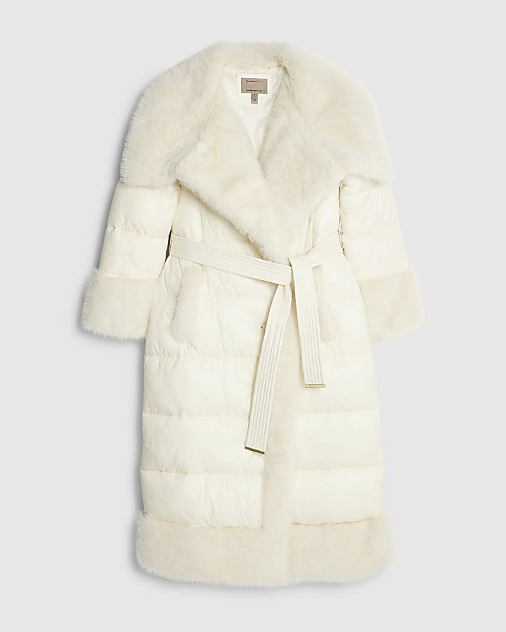 Cream Faux Fur Collar Padded Coat