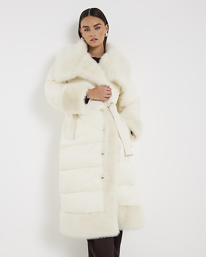Cream Faux Fur Collar Padded Coat