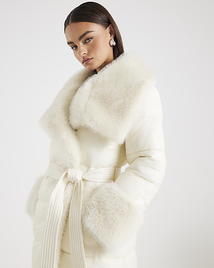 Cream Faux Fur Collar Padded Coat
