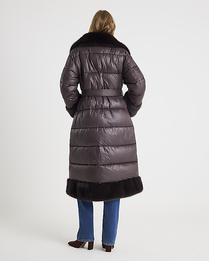 Brown Faux Fur Collar Belted Padded Coat