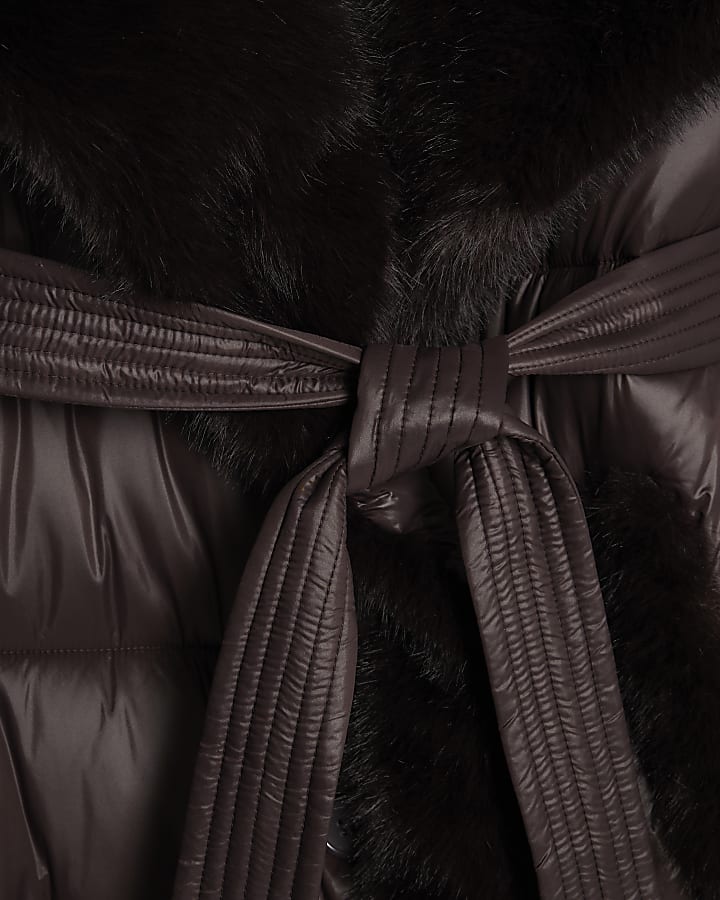 Brown Faux Fur Collar Belted Padded Coat
