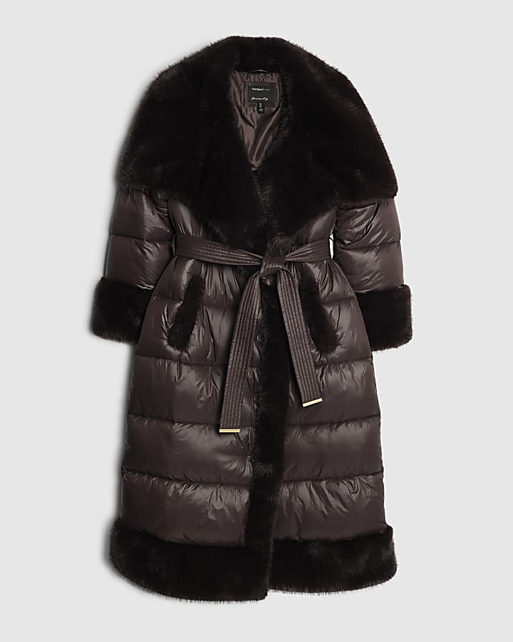 Brown Faux Fur Collar Belted Padded Coat