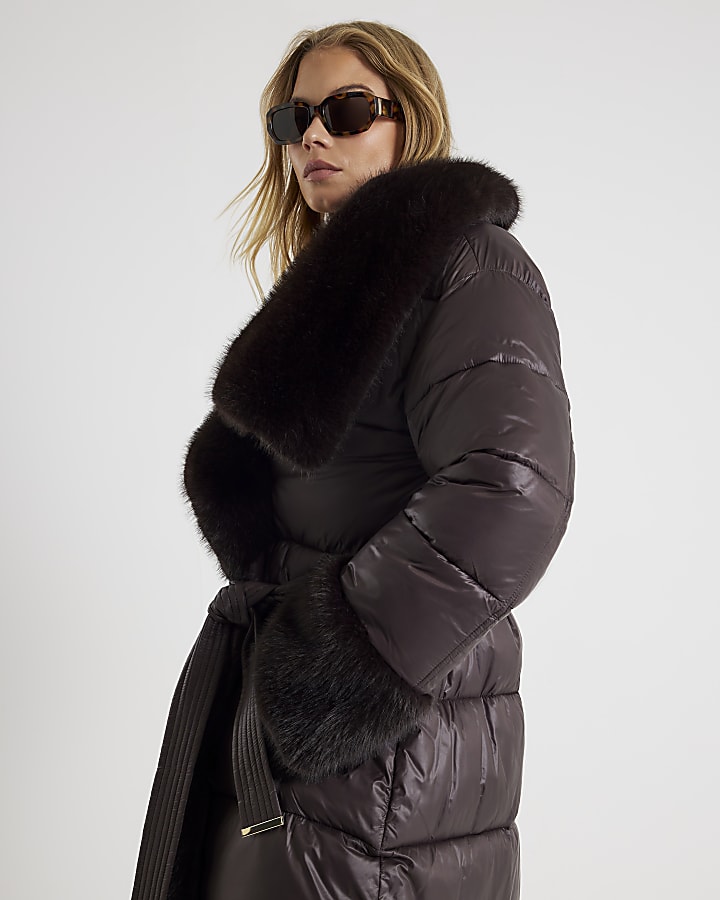 Brown Faux Fur Collar Belted Padded Coat
