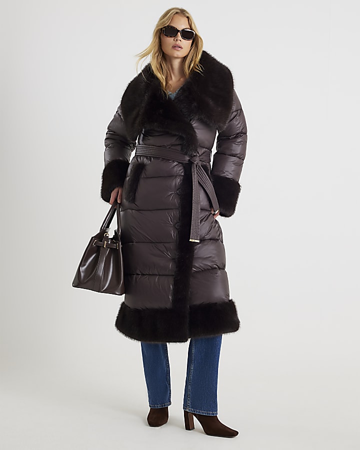 Brown Faux Fur Collar Belted Padded Coat