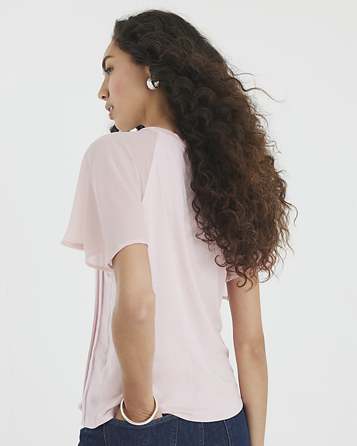 Pink Short Sleeve Pleated Hybrid T-shirt