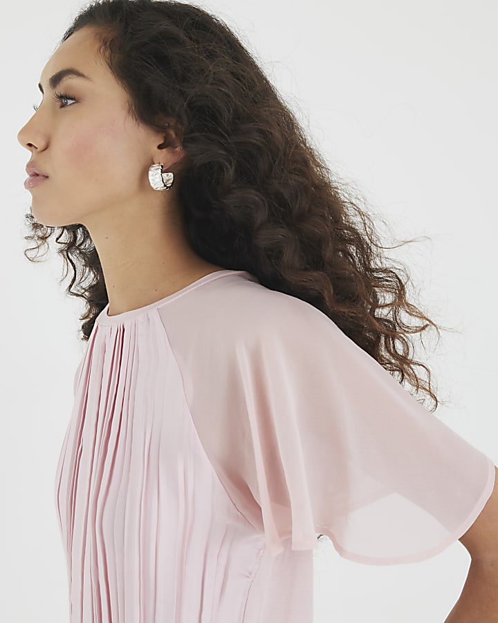 Pink Short Sleeve Pleated Hybrid T-shirt