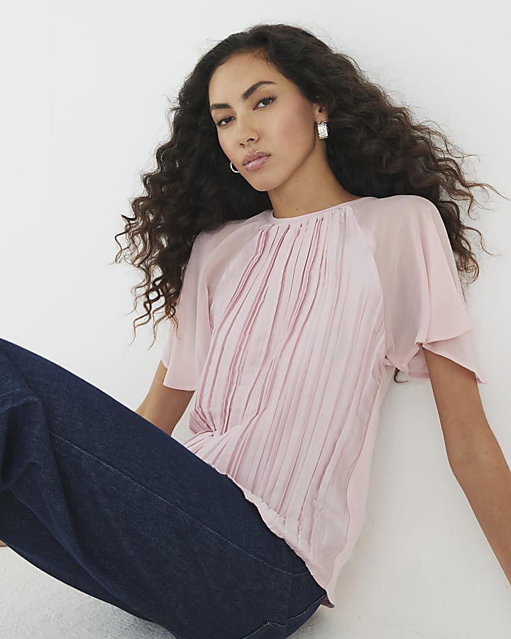 Pink Short Sleeve Pleated Hybrid T-shirt