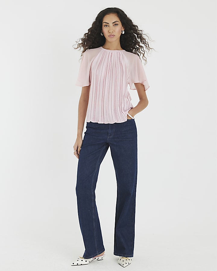 Pink Short Sleeve Pleated Hybrid T-shirt
