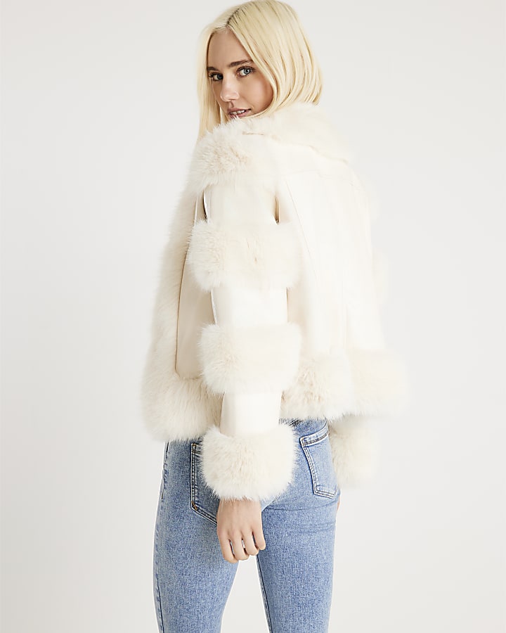 Cream Faux Fur Trim Panelled Jacket