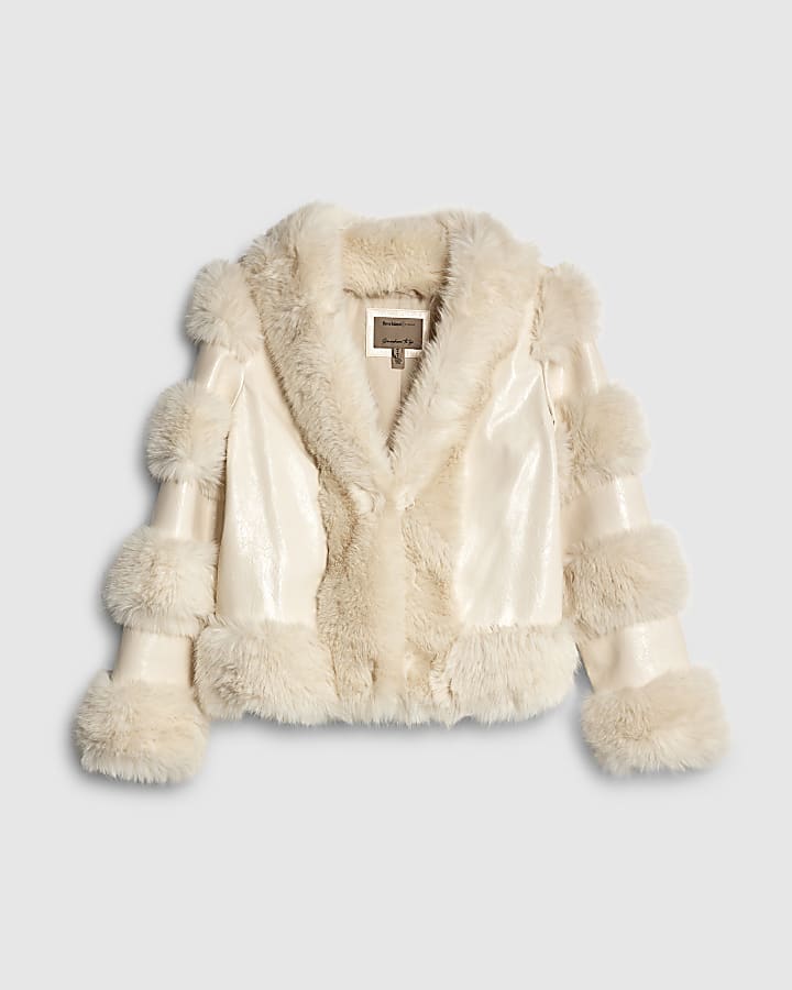 Cream Faux Fur Trim Panelled Jacket