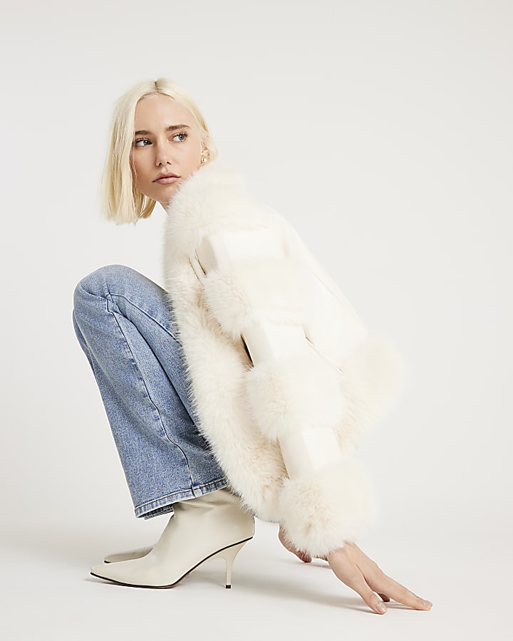 Cream Faux Fur Trim Panelled Jacket