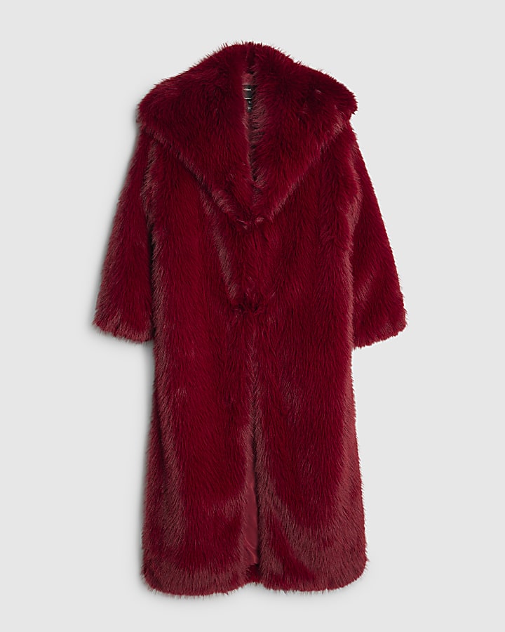 Red Maxi Faux Fur Coat