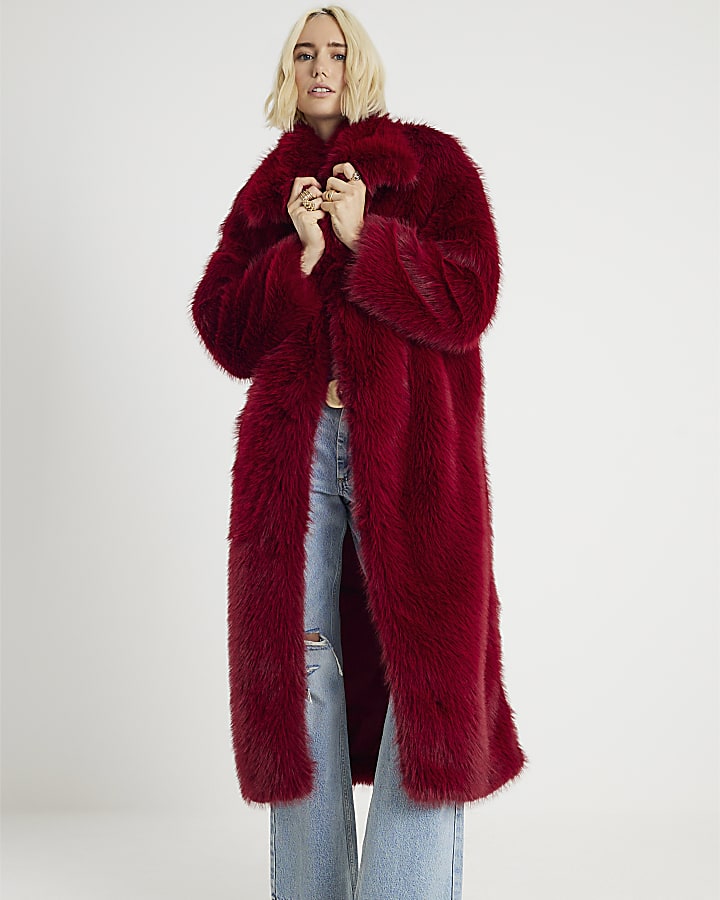 Red Maxi Faux Fur Coat