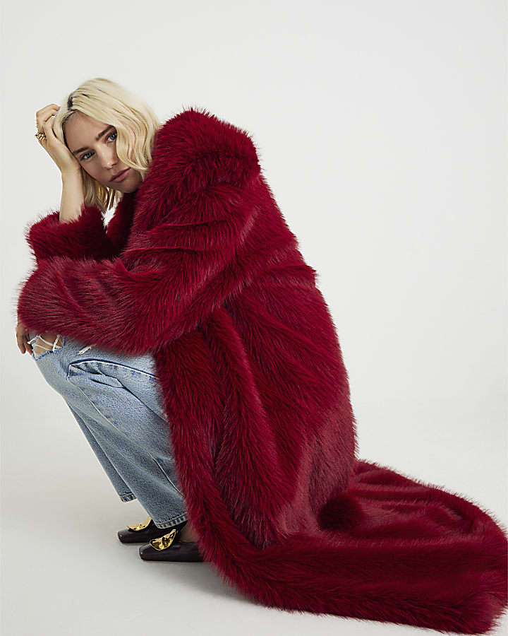 Red Maxi Faux Fur Coat