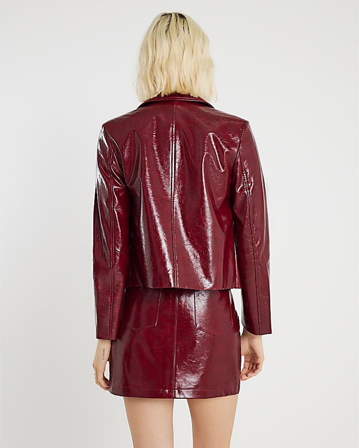 Red Faux Leather Collared Jacket