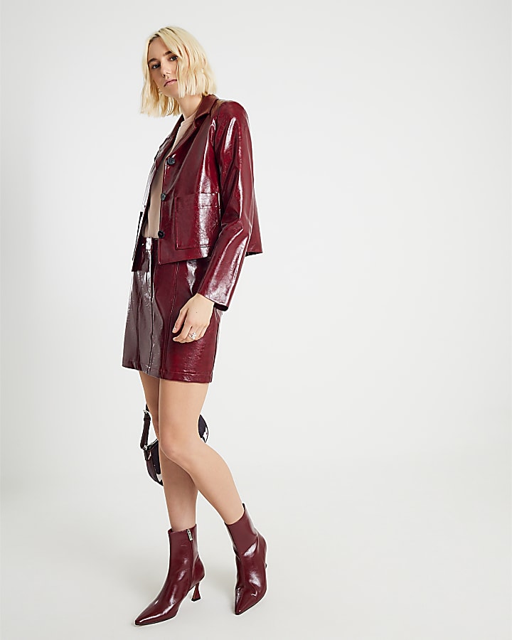 Red Faux Leather Collared Jacket