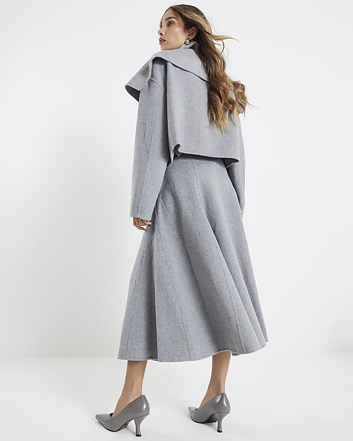 Grey Wool Blend Godet Skirt