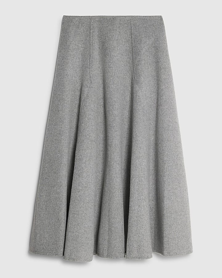 Grey Wool Blend Godet Skirt