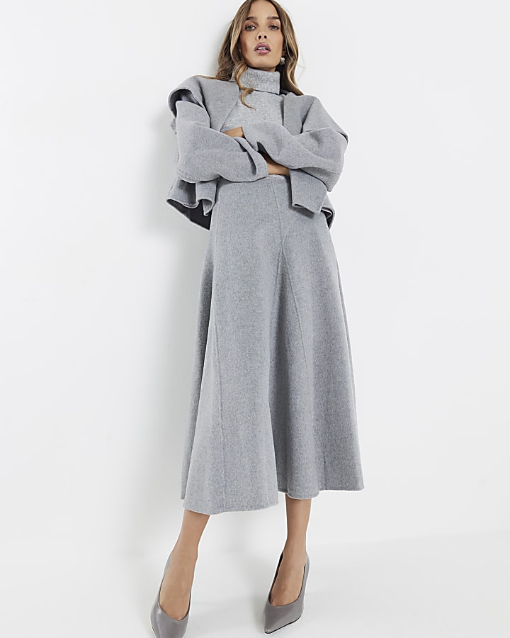 Grey Wool Blend Godet Skirt