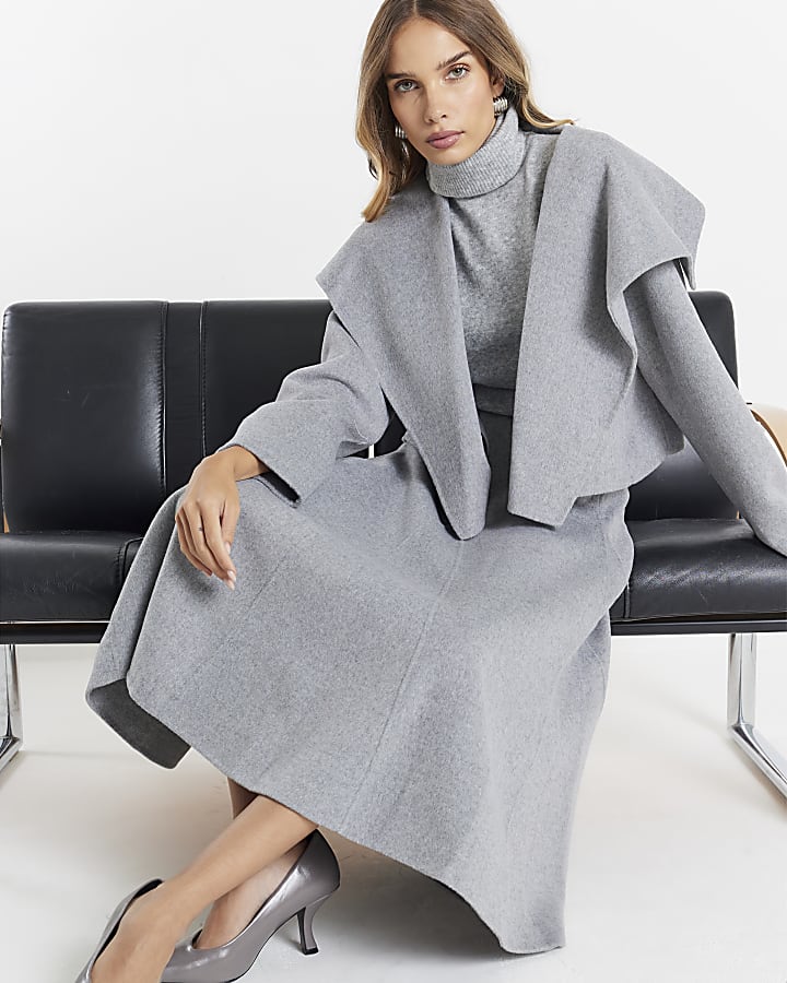 Grey Wool Blend Godet Skirt
