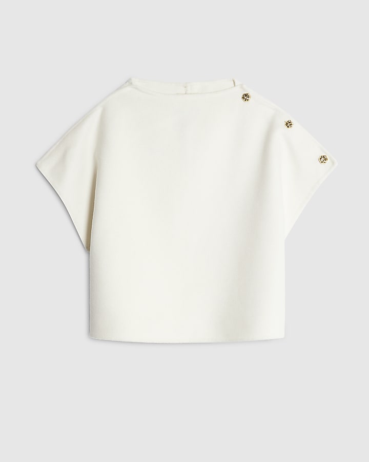 Cream Handmade Wool Blend Button Detail Top