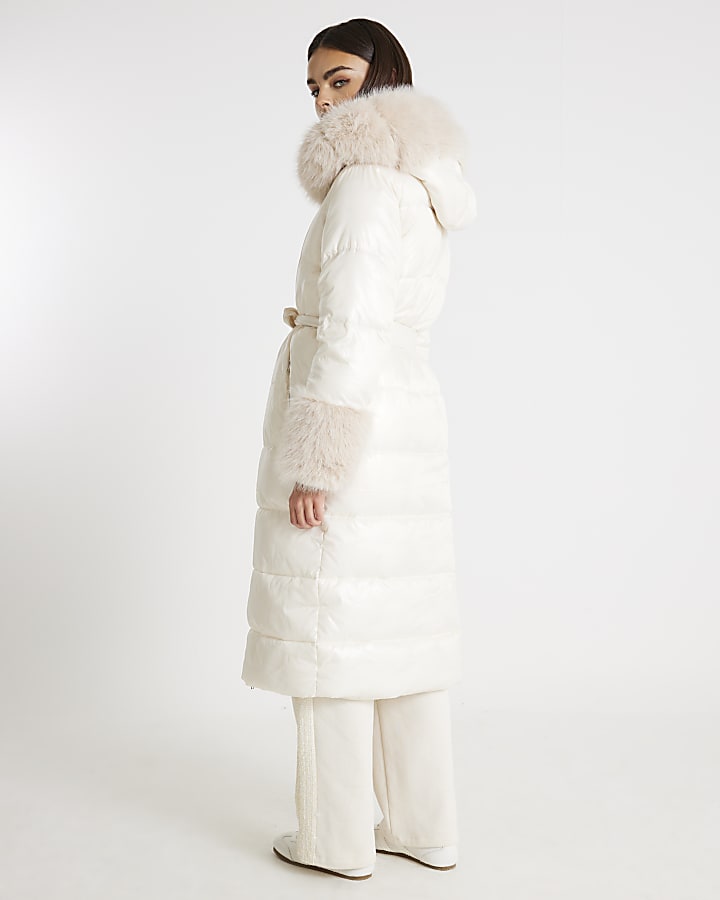 Cream Longline Faux Fur Hooded Coat